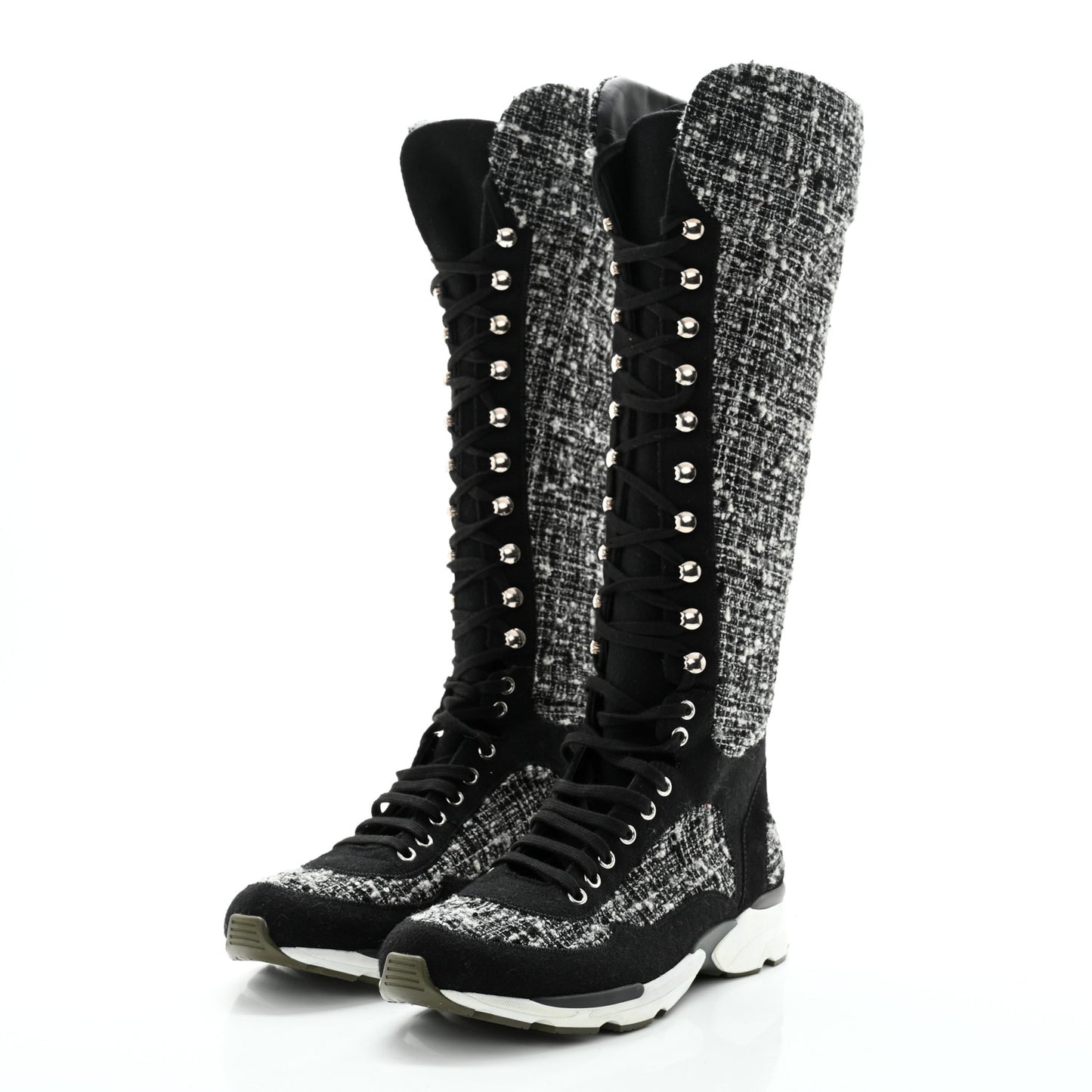 Tweed Suede Calfskin Sneaker High Boots 39 Black White