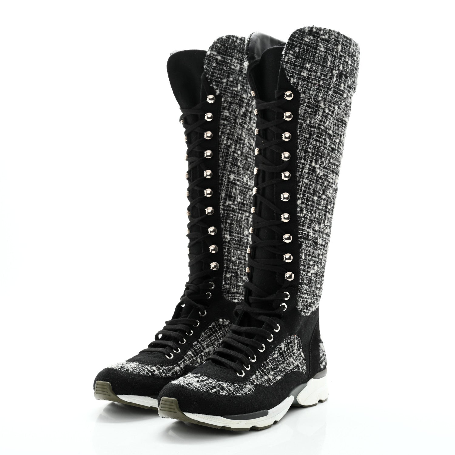 Chanel Tweed Suede Calfskin Sneaker High Boots 39 Black White 3 of 10