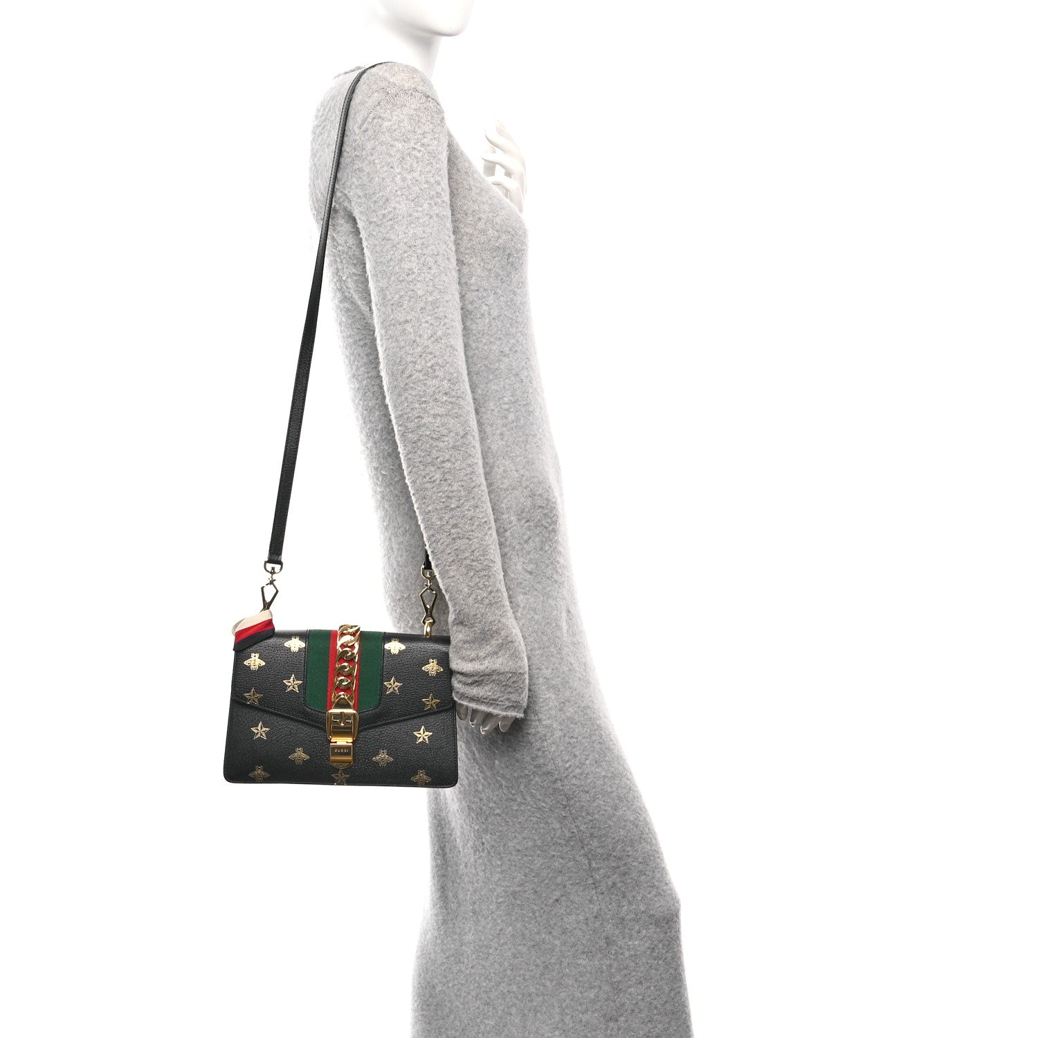 Gucci Textured Calfskin Bee Star Print Small Sylvie Shoulder Bag Black 2 of 10