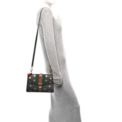 Gucci Textured Calfskin Bee Star Print Small Sylvie Shoulder Bag Black 2 of 10