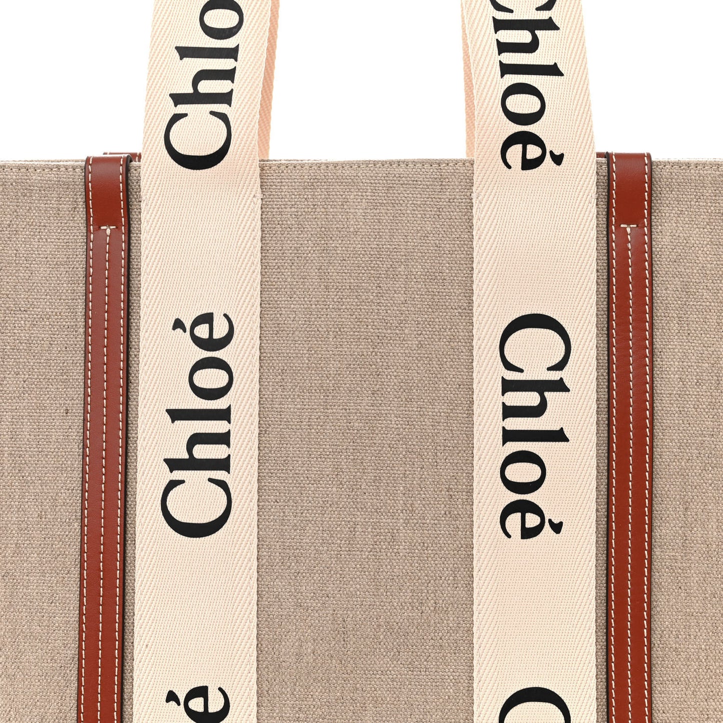Linen Calfskin Large Woody Ribbon Tote White Brown
