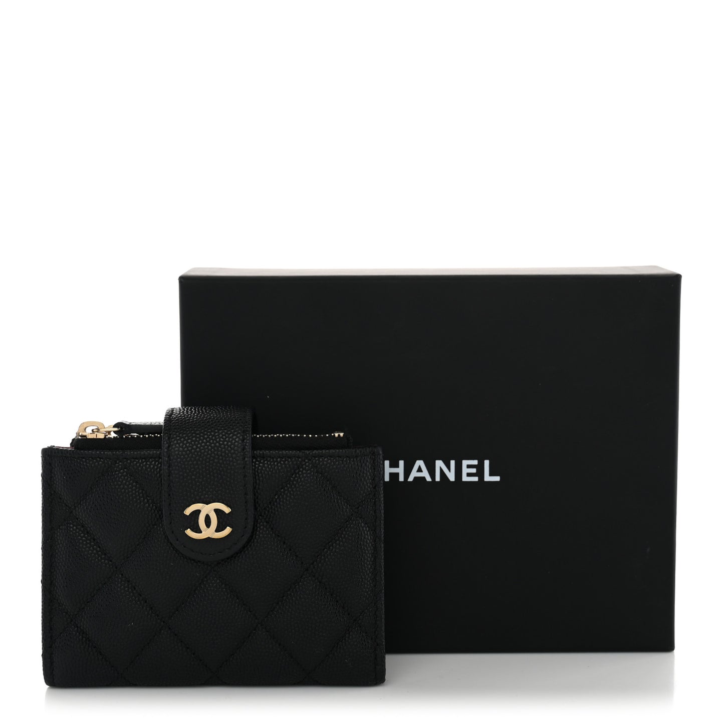 Caviar Quilted Compact Zipped Pocket Wallet Black