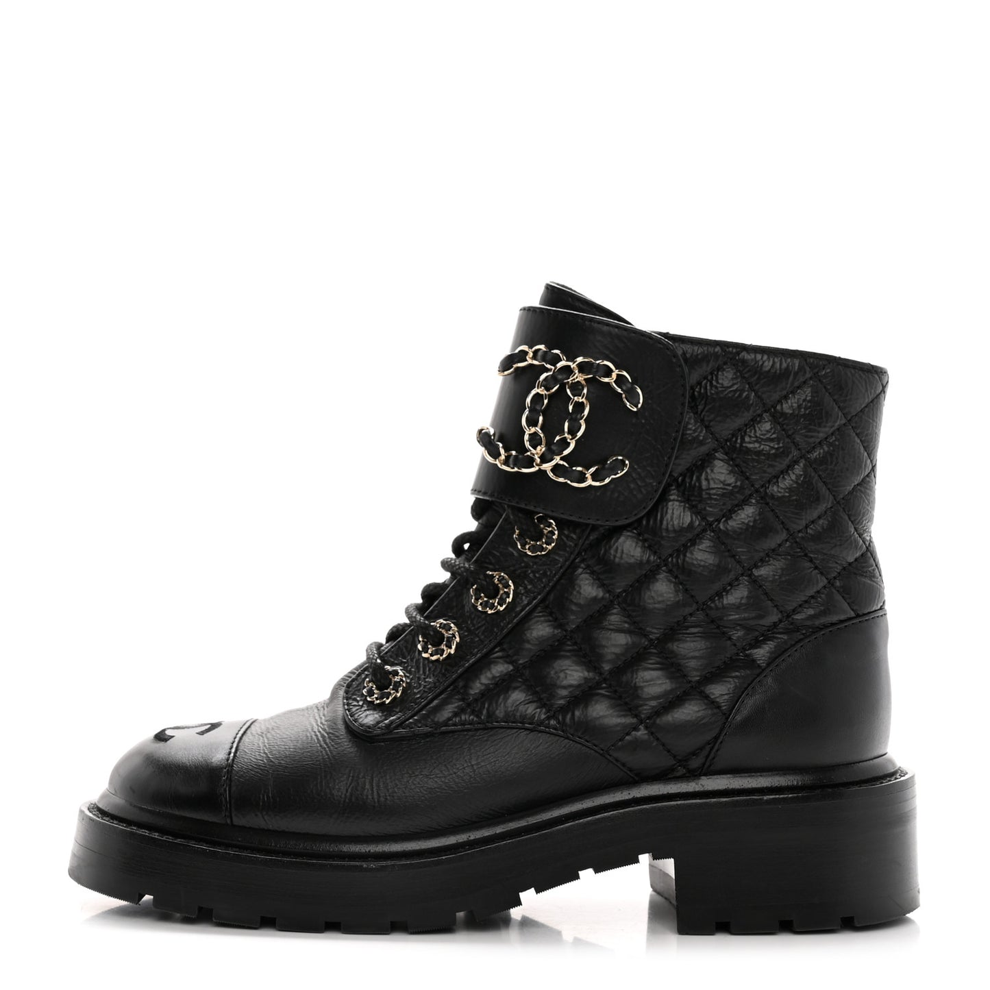 Shiny Calfskin Quilted Lace Up Combat Boots 35.5 Black