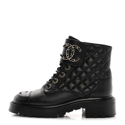 Chanel Shiny Calfskin Quilted Lace Up Combat Boots 35.5 Black 1 of 18