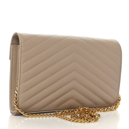 Saint Laurent Grain De Poudre Matelasse Chevron Chain Wallet Dark Beige 3 of 9