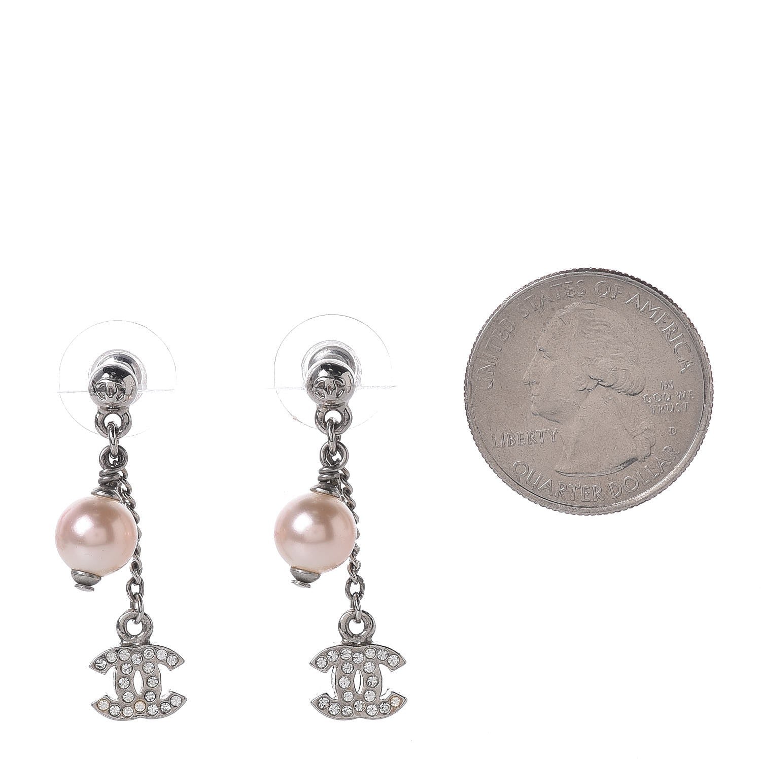 Chanel Crystal Pearl CC Drop Earrings Silver 2 of 4