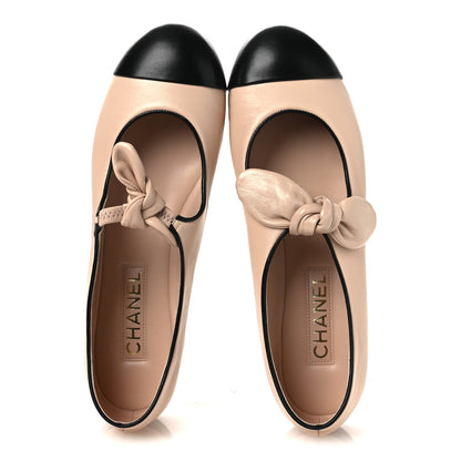 Chanel Lambskin Bow Mary Jane Flats 40 Beige Black 2 of 12