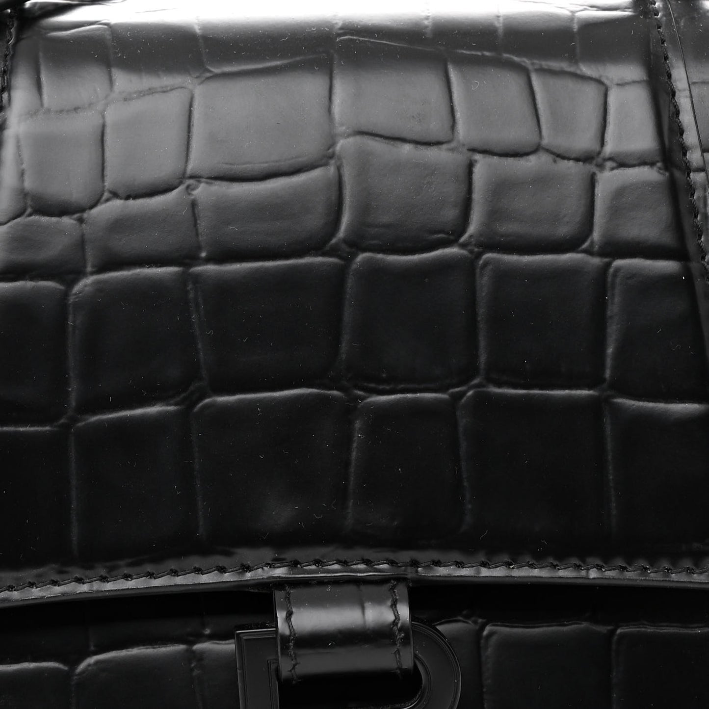 Shiny Calfskin Monochrome Crocodile Embossed Small Hourglass Top Handle Bag Black