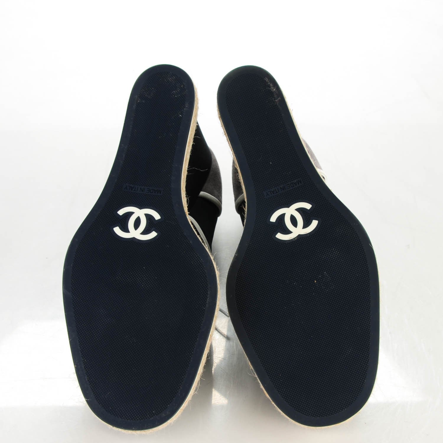 Chanel Silk Crepe Suede Calfskin Lace Up Wedge Espadrilles 41.5 Navy Grey 5 of 6