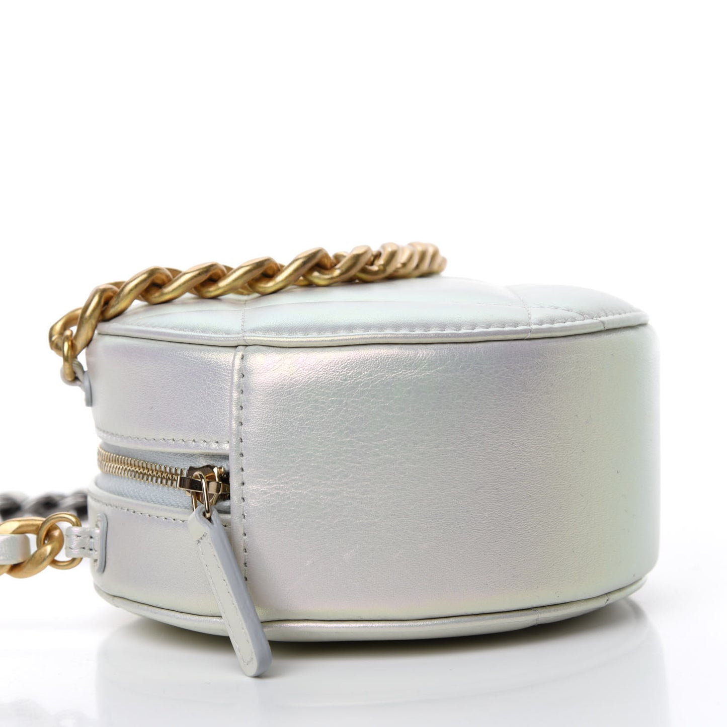Iridescent Calfskin Quilted 19 Round Clutch With Chain White