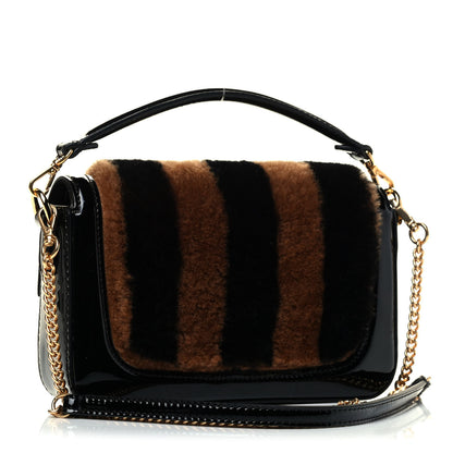 Fendi Shearling Vitello Vernice Mou Pequin Striped Mini Baguette Tobacco Black 2 of 5