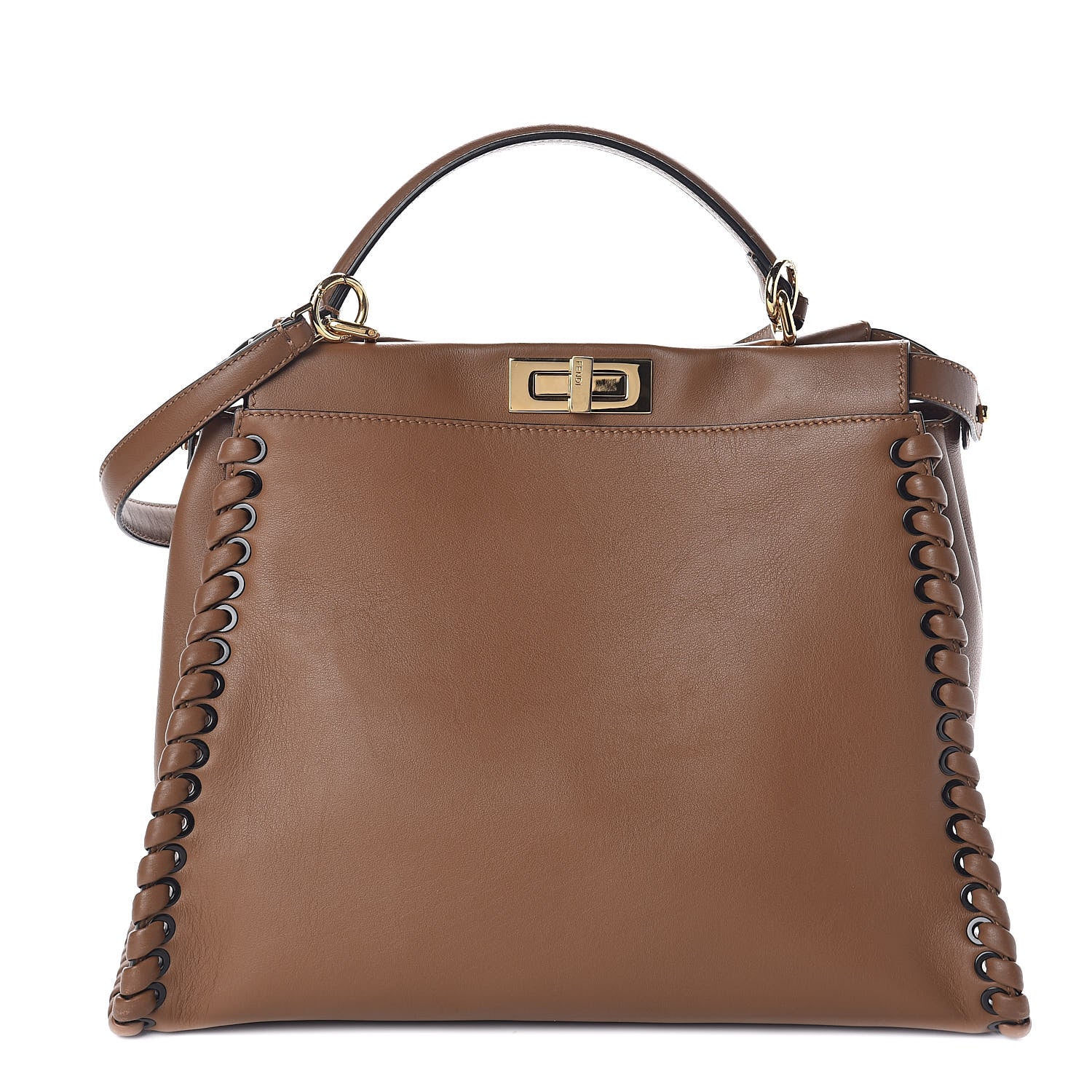 Fendi Calfskin Lace Up Large Peekaboo Iconic Satchel Cognac 1 of 10