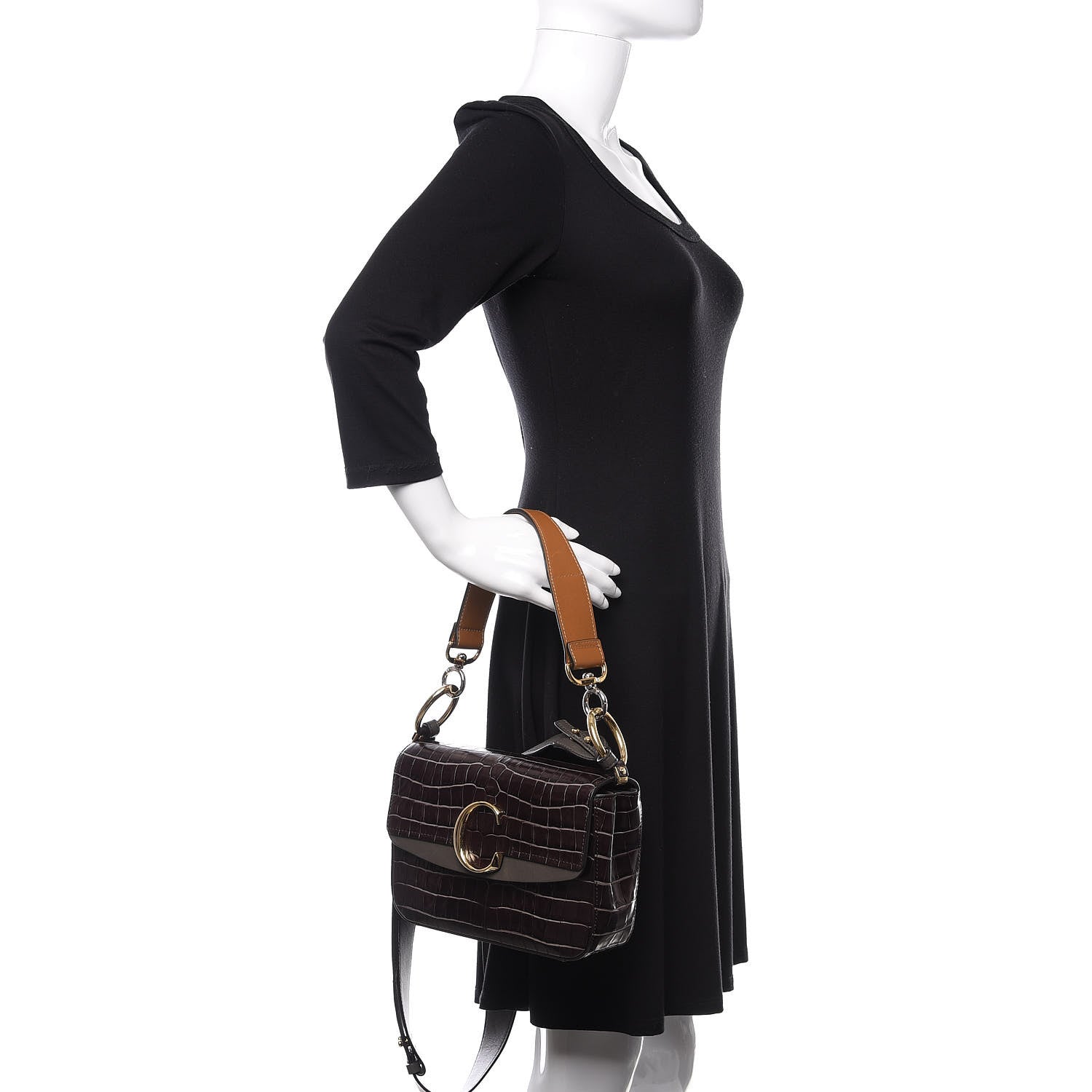 Chloe Calfskin Crocodile Embossed Small C Double Carry Profound Brown 2 of 12