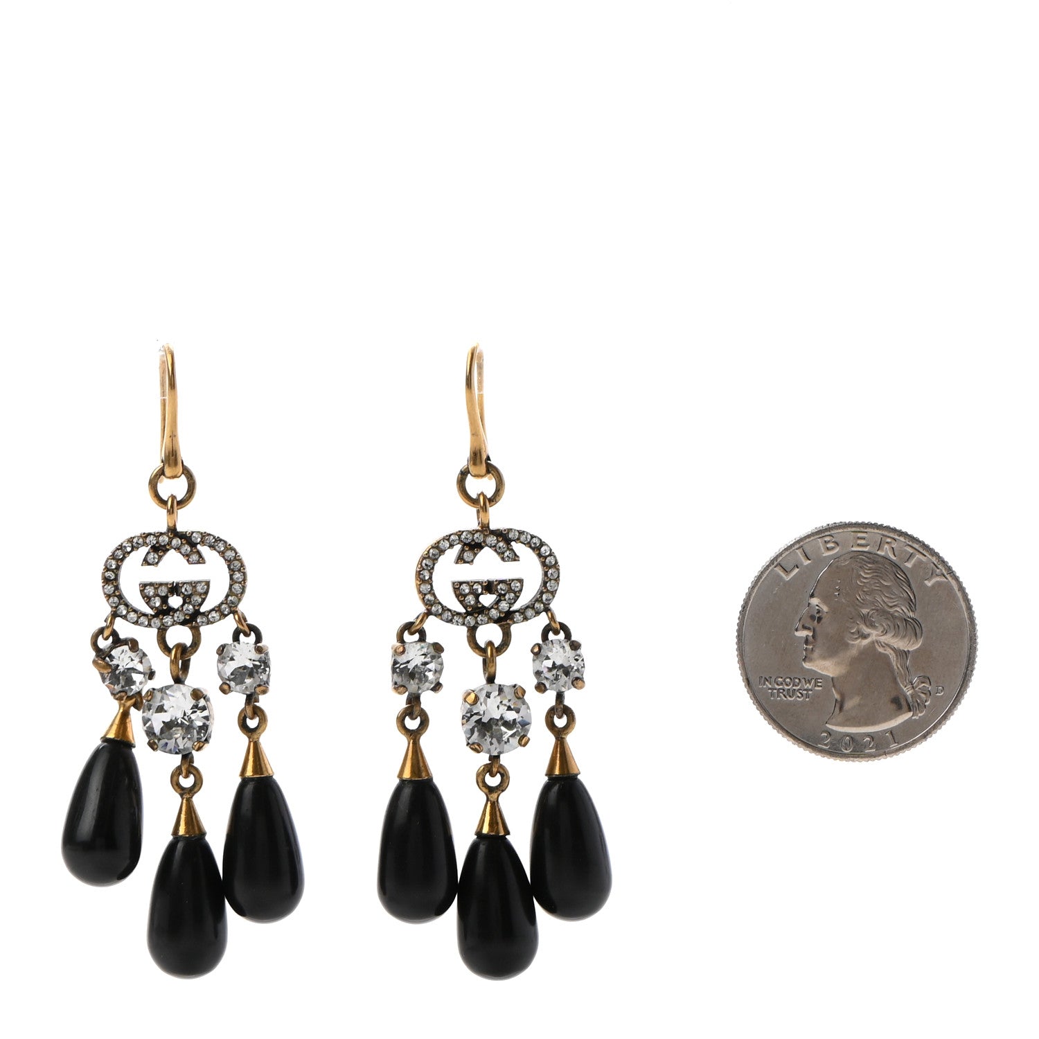 Gucci Crystal Double G Drop Earrings Gold Black 2 of 5