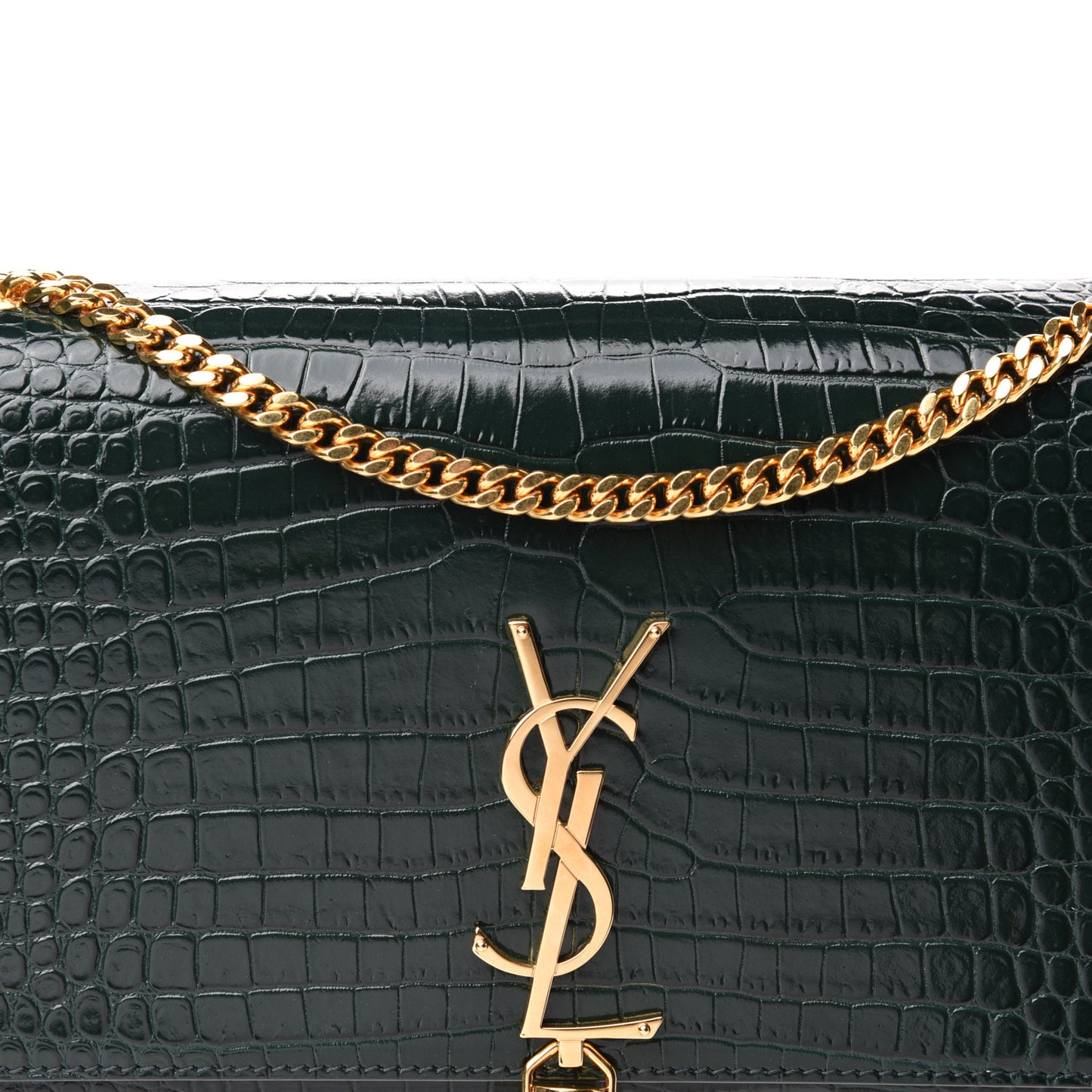 Calfskin Crocodile Embossed Medium Classic Monogram Kate Tassel Satchel Dark Green