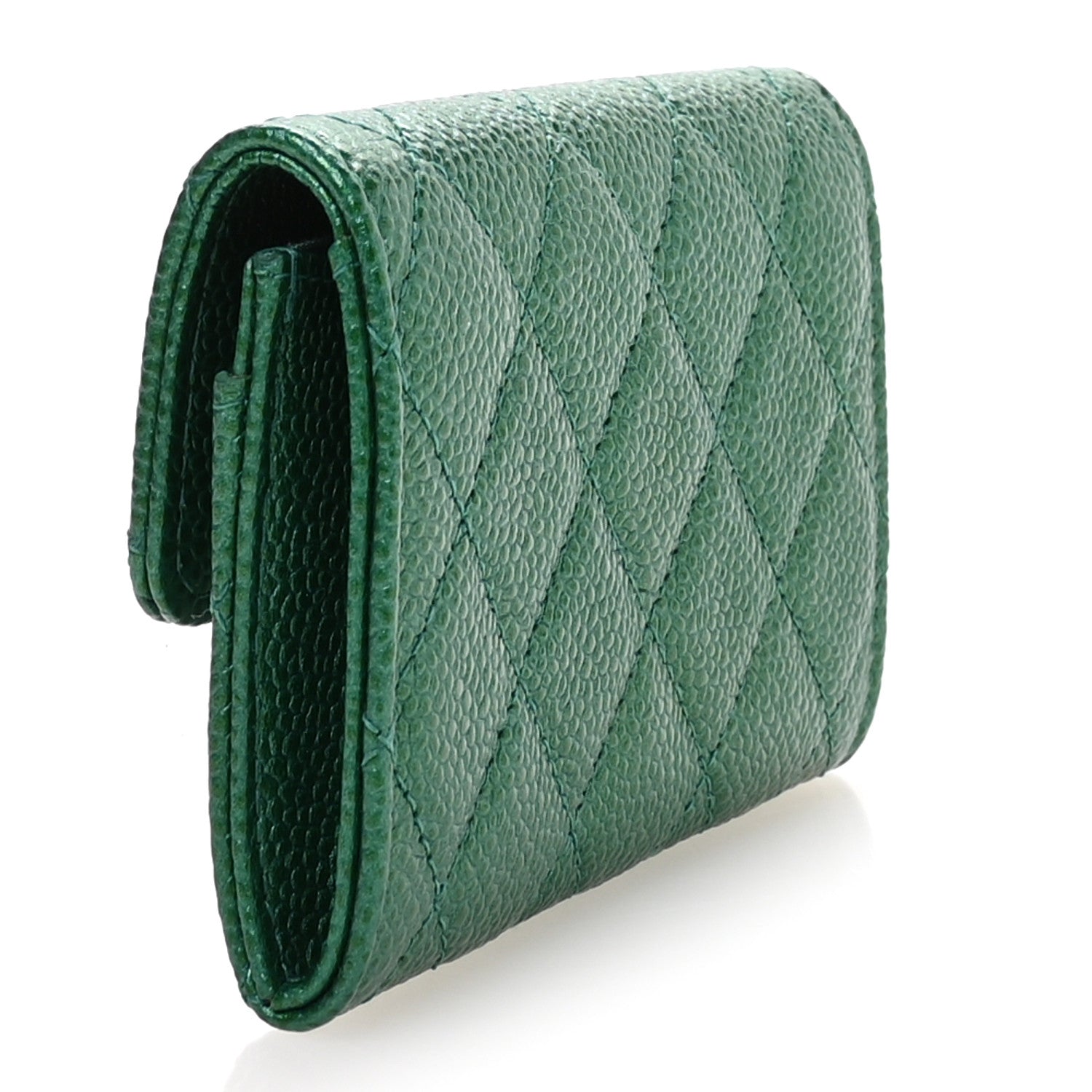 Chanel Metallic Caviar Quilted Flap Card Holder Wallet Green 3 of 9