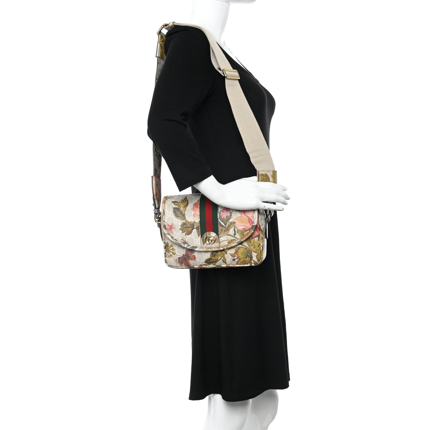 GG Supreme Monogram Water Flora Web Studded Mini Ophidia Flap Shoulder Bag Beige White Multicolor