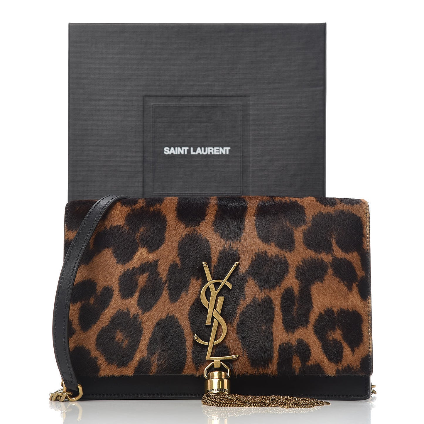 Pony Hair Leopard Print Classic Monogram Kate Tassel Chain Wallet Black