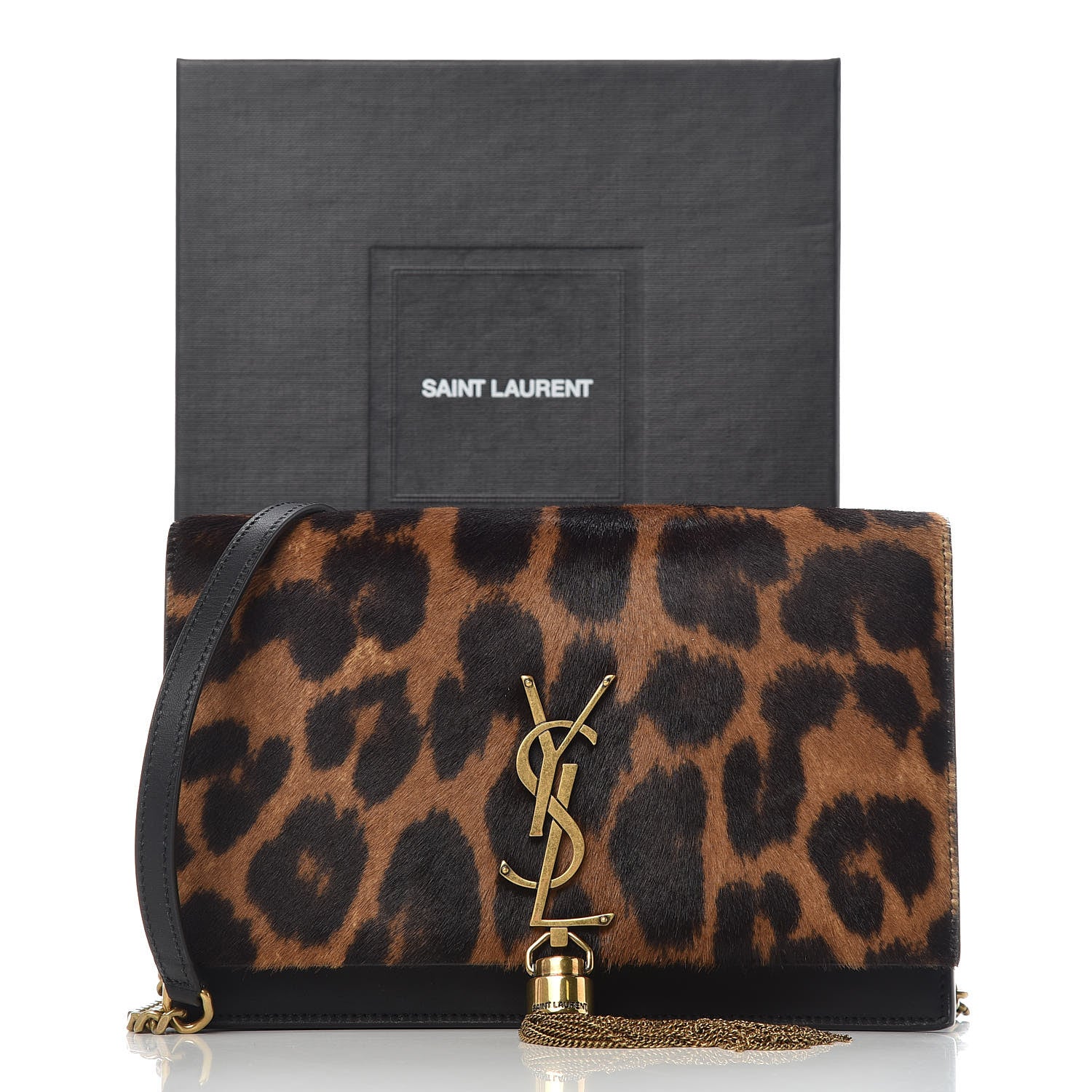 Saint Laurent Pony Hair Leopard Print Classic Monogram Kate Tassel Chain Wallet Black 11 of 11