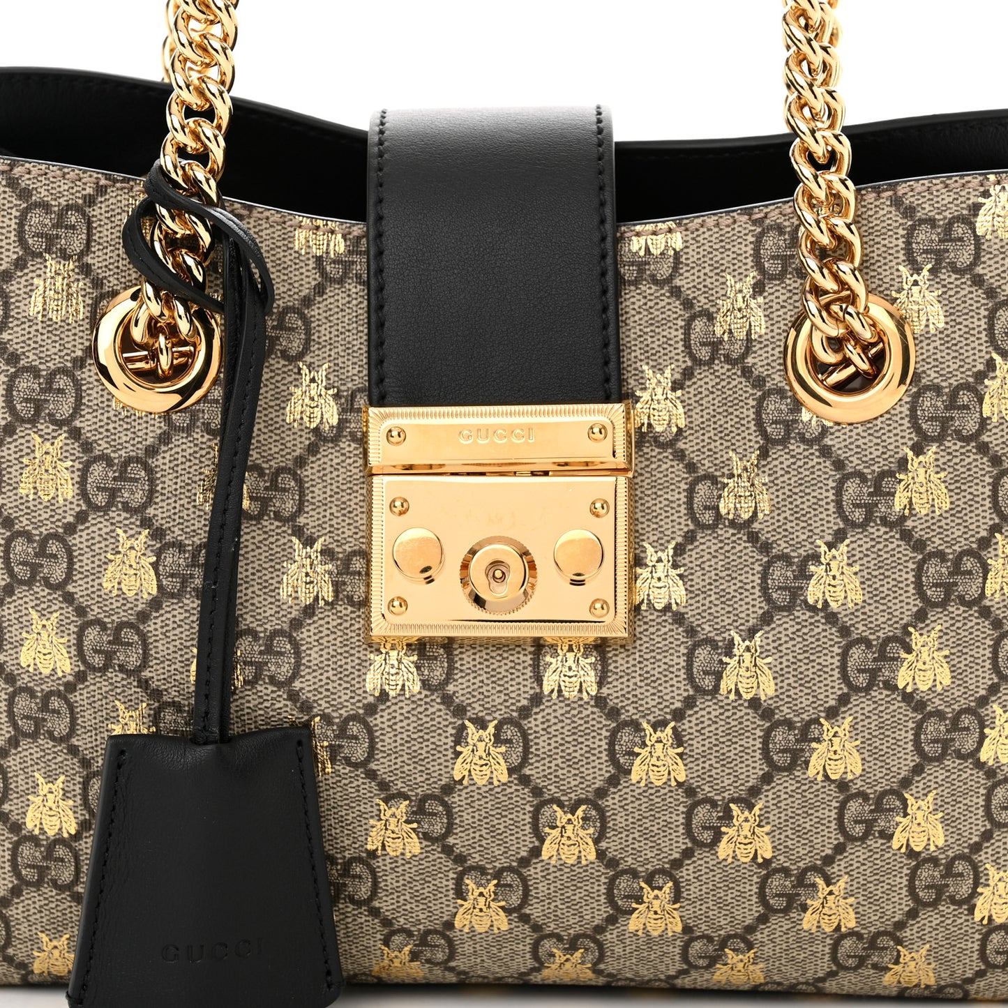 GG Supreme Monogram Bees Small Padlock Tote Beige Oro Black
