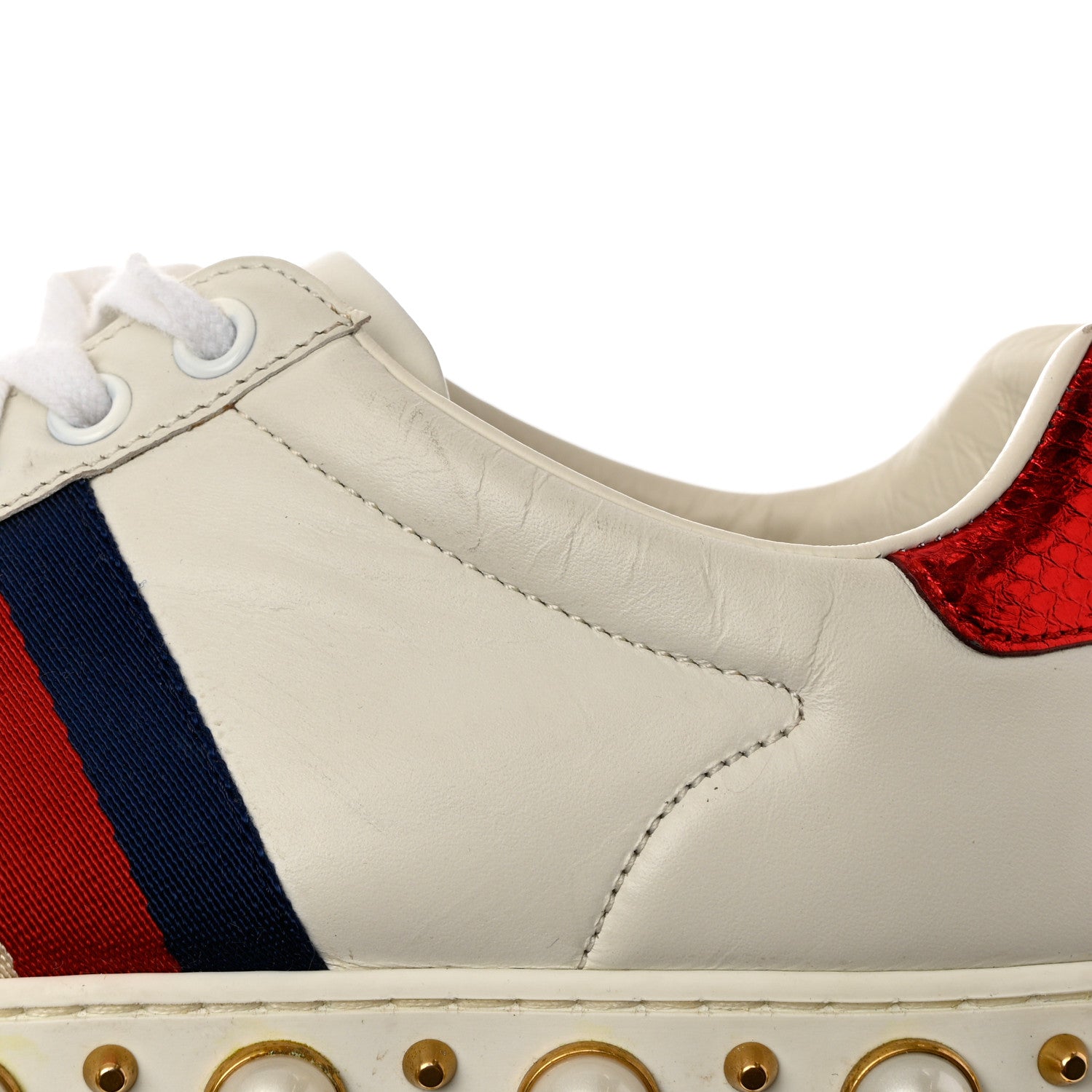Gucci Calfskin Ayers Web Pearl Studded Womens Ace Sneakers 37 White 9 of 11