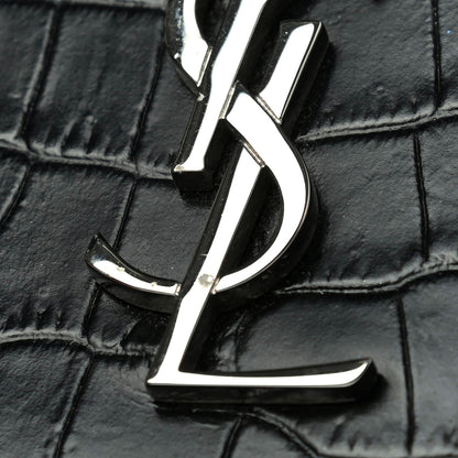 Saint Laurent Calfskin Crocodile Embossed Monogram Compact Wallet Black 9 of 10