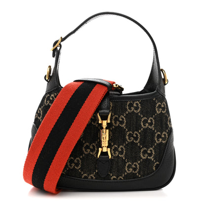 Gucci Jacquard Black Denim GG Monogram Textured Dollar Calfskin Mini Jackie 1961 Hobo Black Ivory 1 of 13