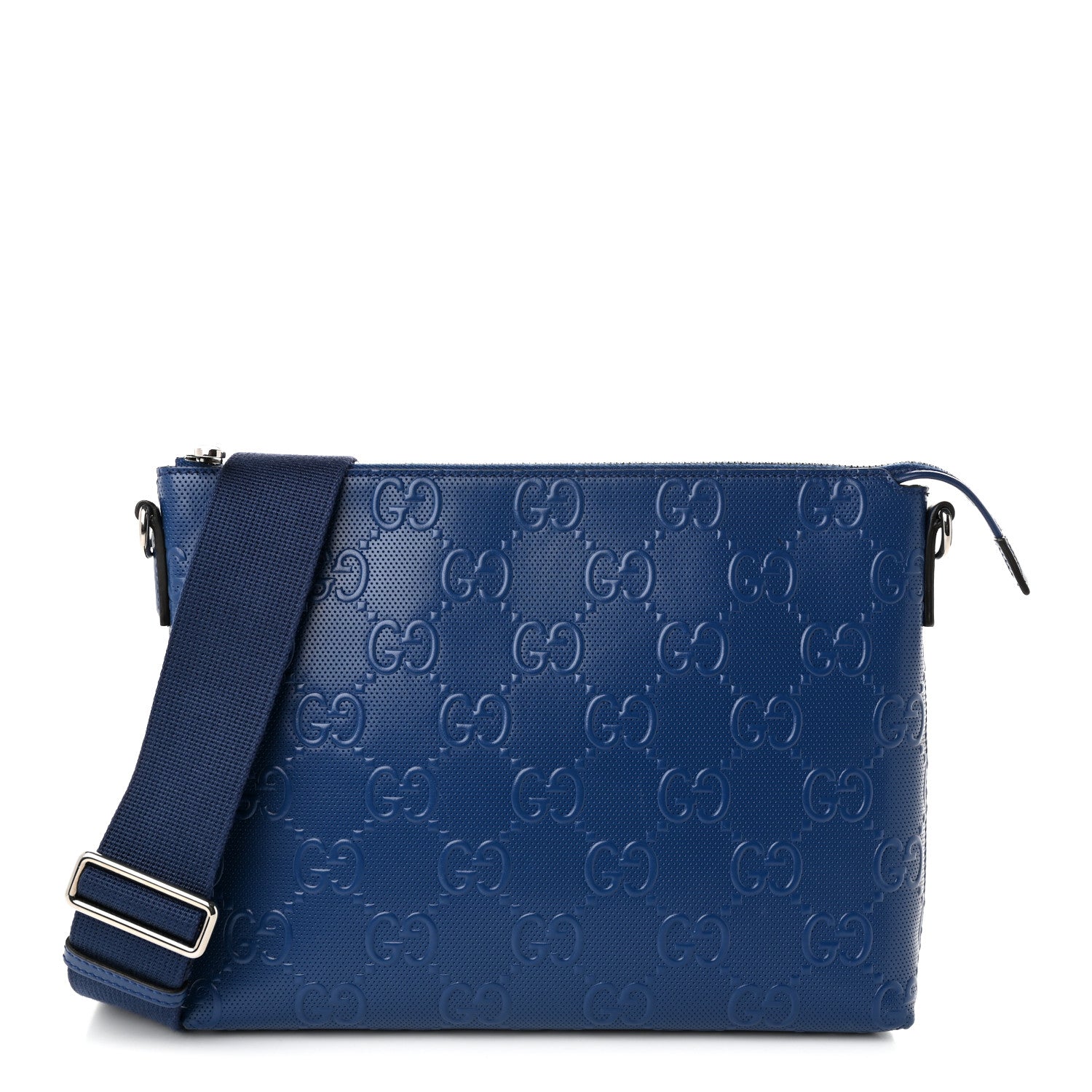 Gucci Calfskin GG Tennis Embossed Medium Wristlet Messenger Bag Intense Metal Blue 1 of 10