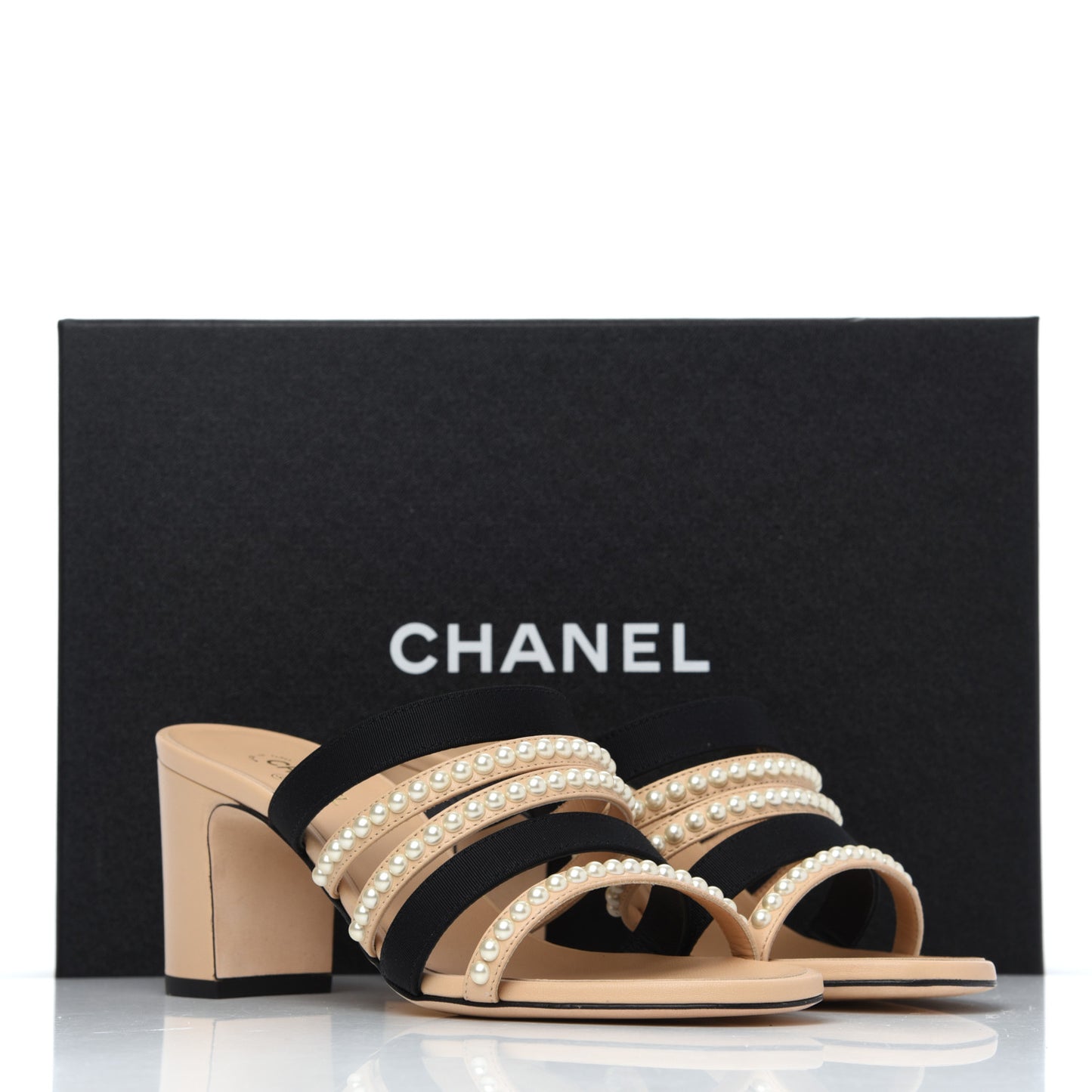 Lambskin Grosgrain Pearl Mules 38.5 Beige Black