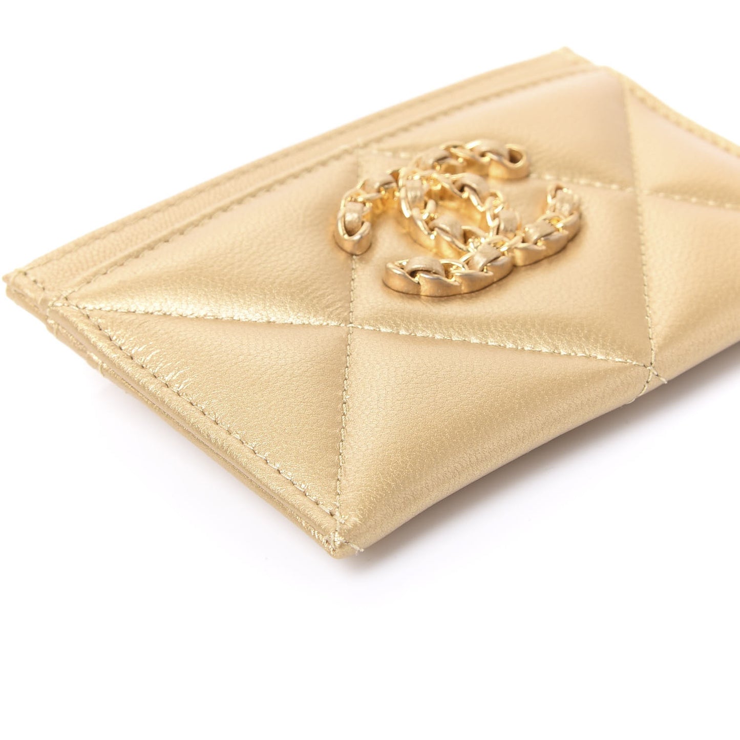 Metallic Goatskin Quilted Chanel 19 Card Holder Gold