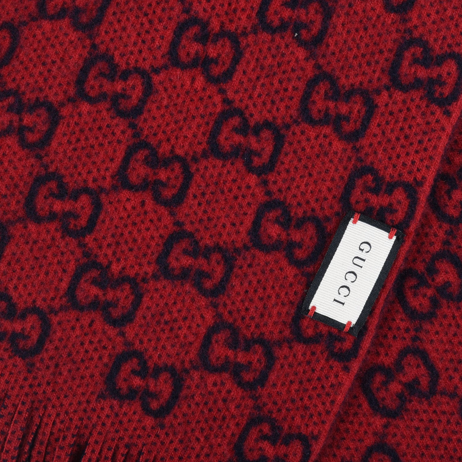 Gucci Wool GG Monogram Knit Longfog Fringe Scarf Midnight Blue Red 5 of 5
