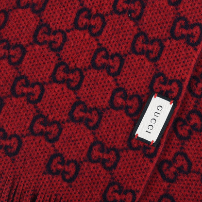 Gucci Wool GG Monogram Knit Longfog Fringe Scarf Midnight Blue Red 5 of 5
