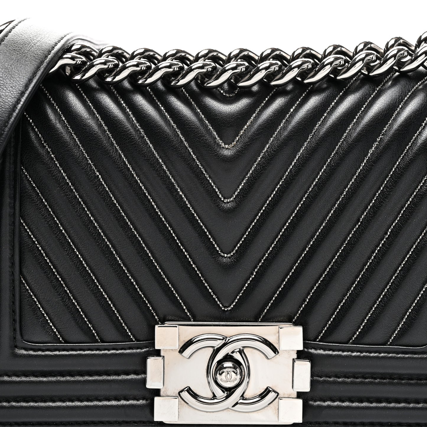 Calfskin Chain Chevron Small Boy Flap Black