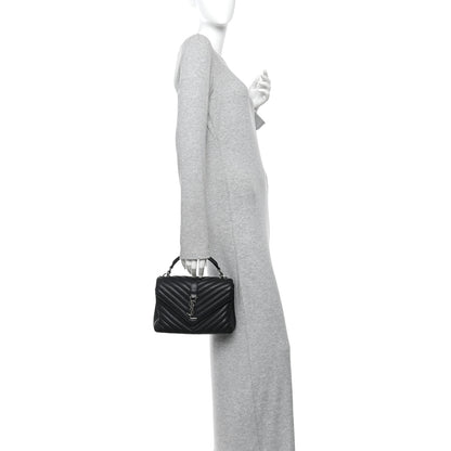 Saint Laurent Sheepskin Matelasse Chevron Monogram Medium College Bag Black 2 of 9