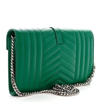 Saint Laurent Grain De Poudre Mixed Matelasse Triquilt Monogram Chain Wallet Green Field 3 of 10