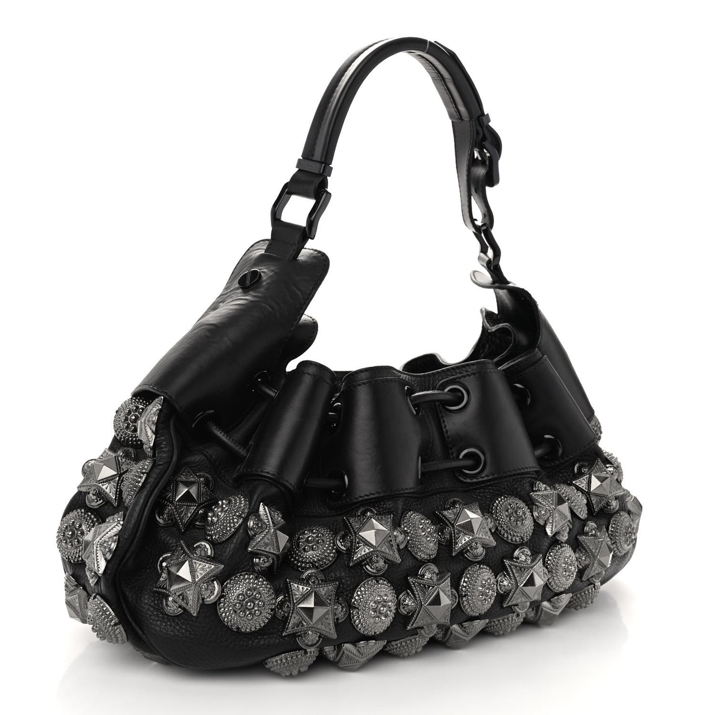Calfskin Mason Warrior Studded Hobo Black