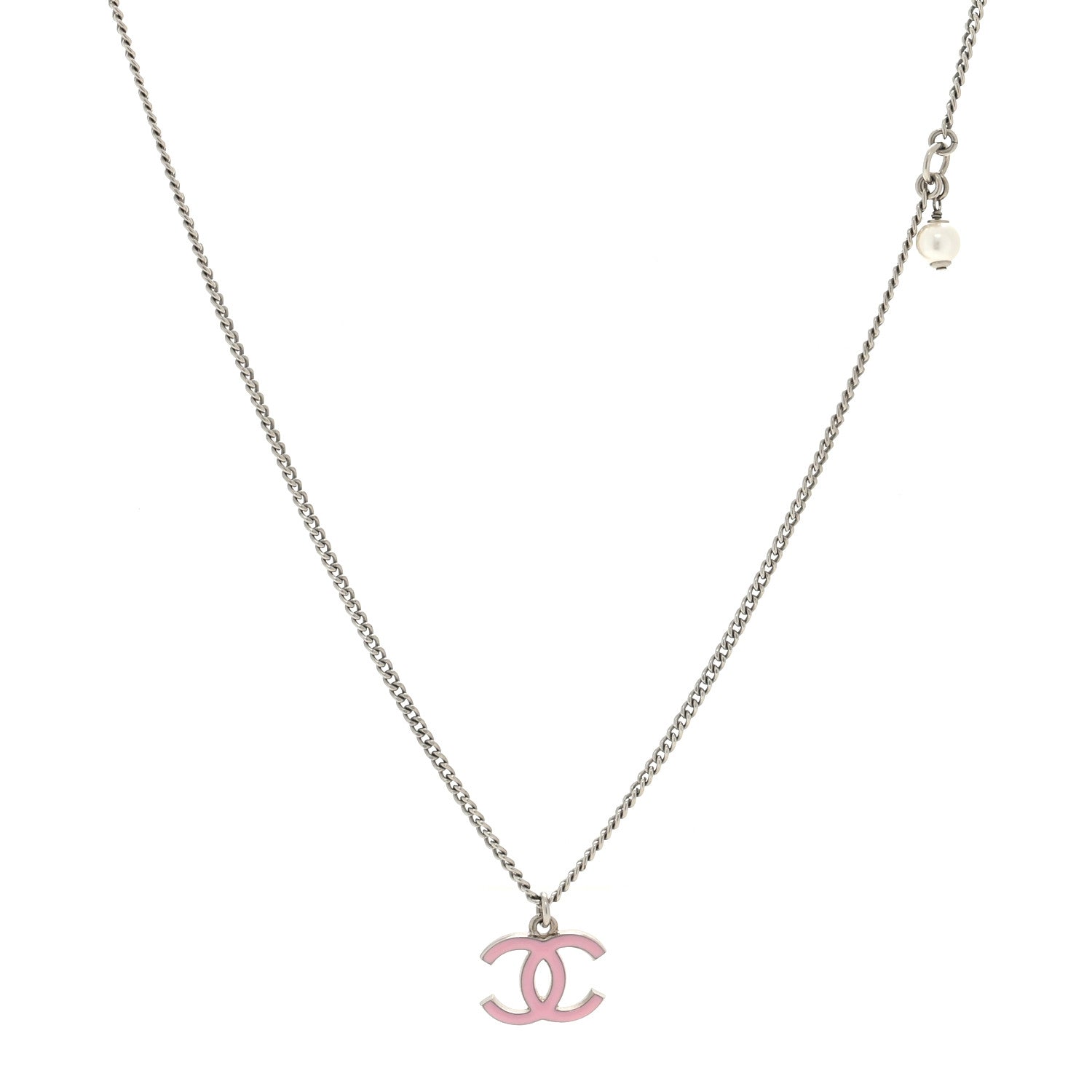 Chanel Crystal Pearl Enamel CC Pendant Necklace Pink Silver 1 of 4