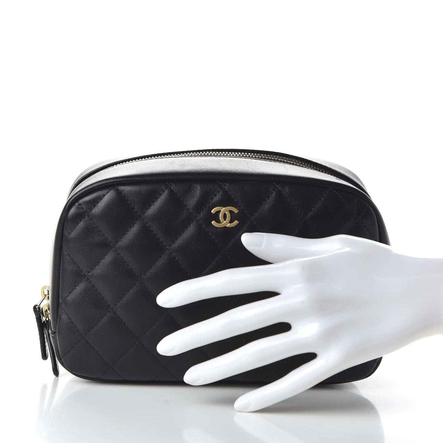 Lambskin Quilted Medium Curvy Pouch Cosmetic Case Black
