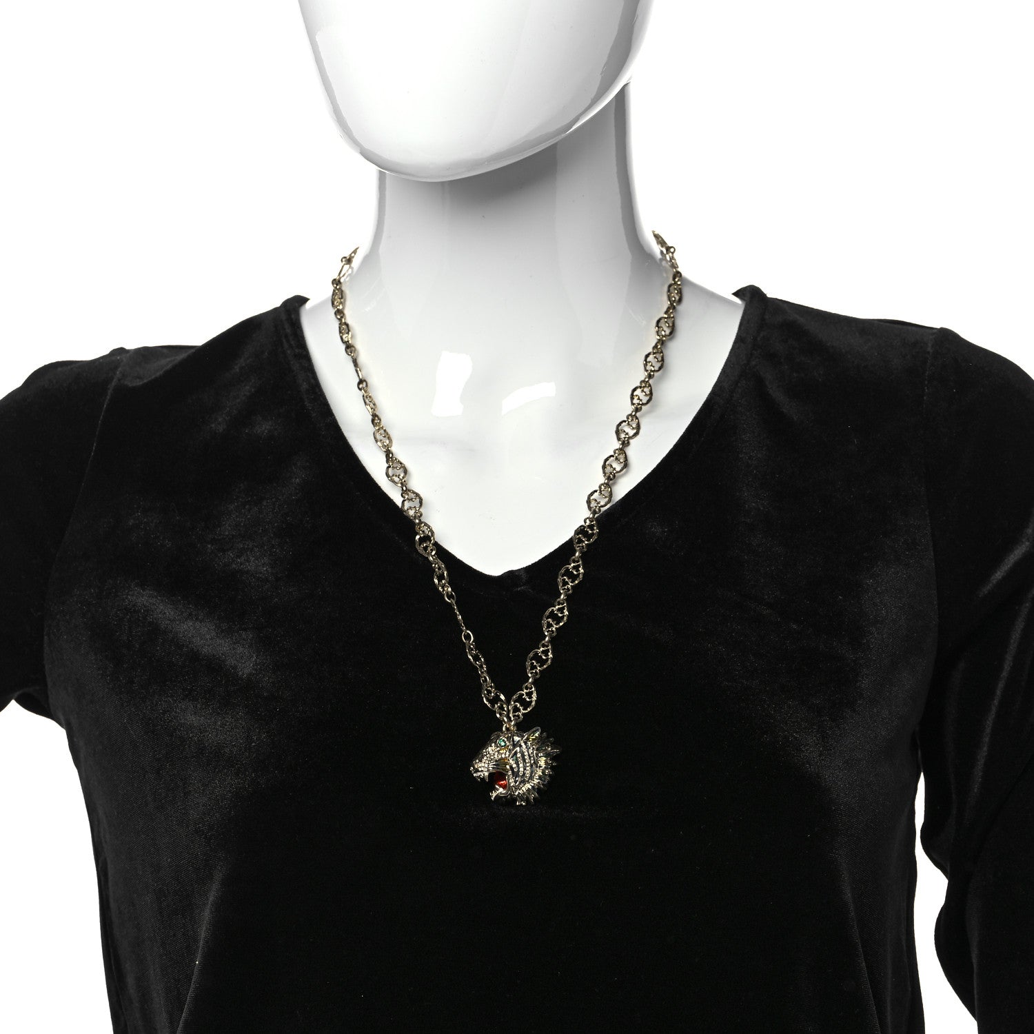 Gucci Metal Enamel Roaring Tiger Pendant Necklace Gold 2 of 7