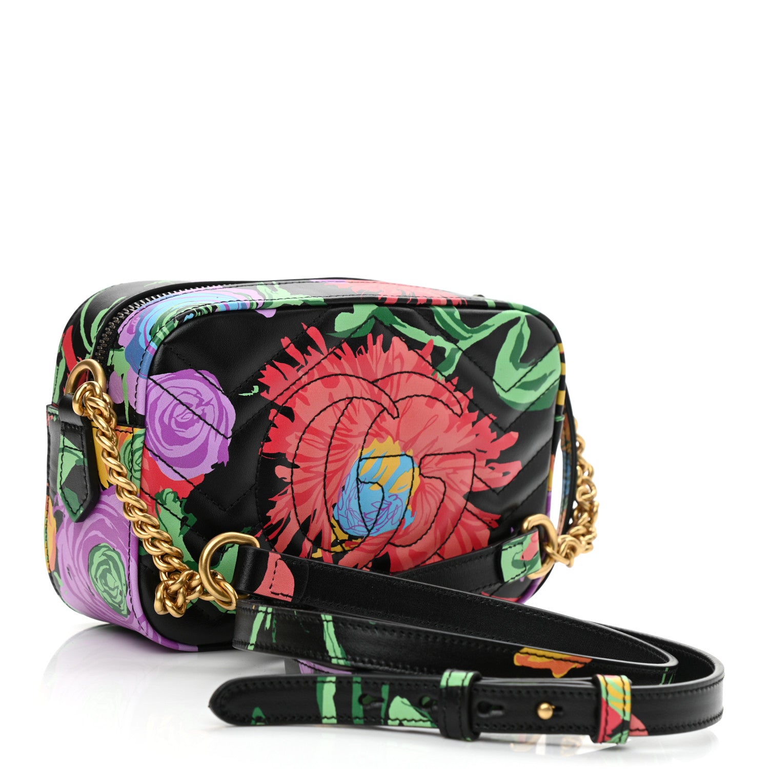 Gucci X KEN SCOTT Calfskin Matelasse Floral Print Mini GG Marmont Chain Shoulder Bag Black Pink 3 of 11