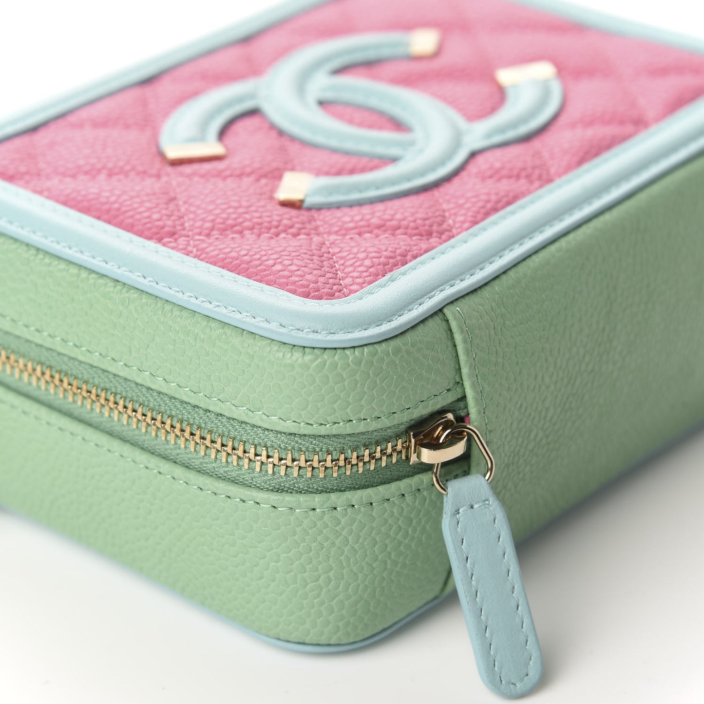 Caviar Quilted Filigree Vanity Clutch With Chain Pink Light Blue Green