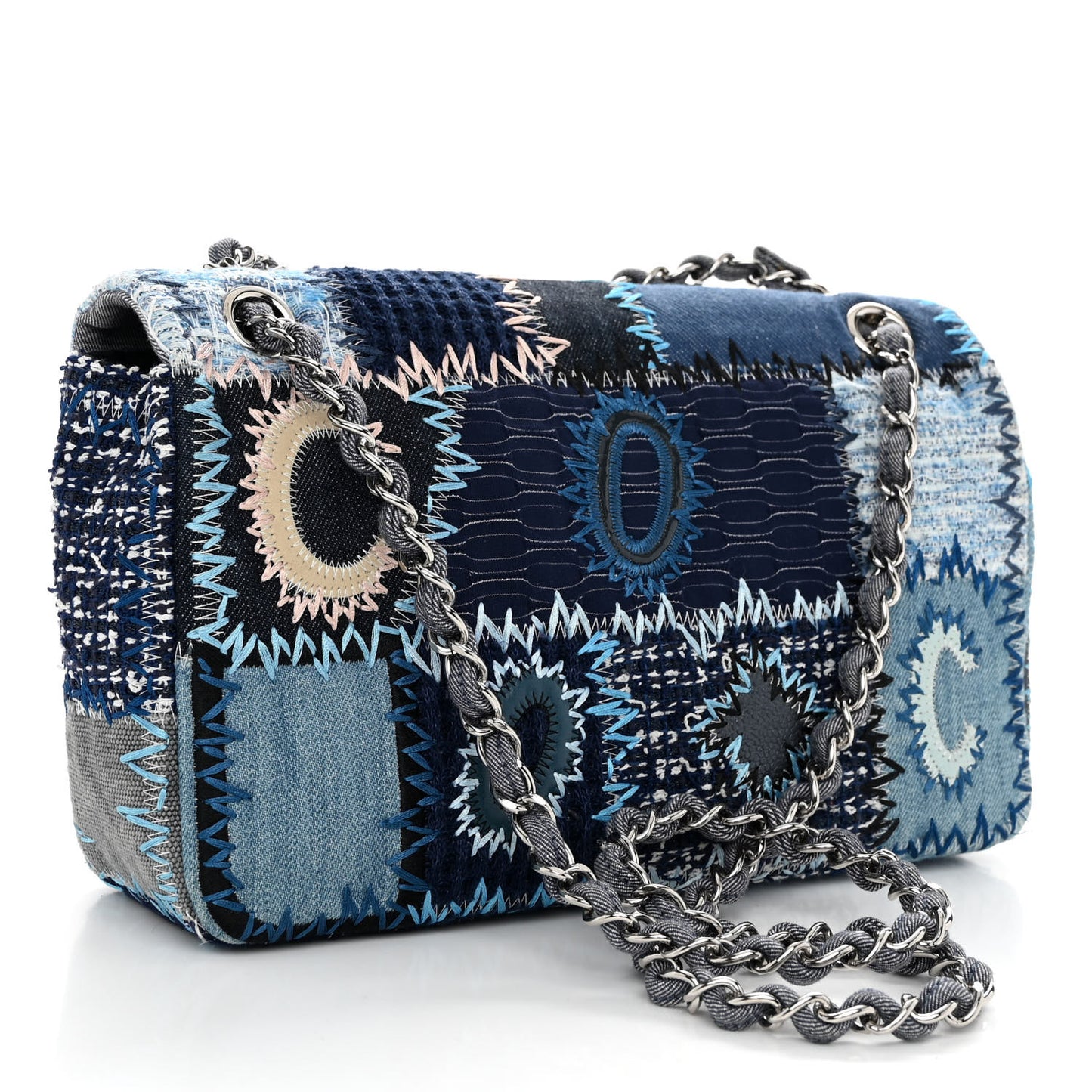 Denim Tweed Patchwork Medium Single Flap Blue