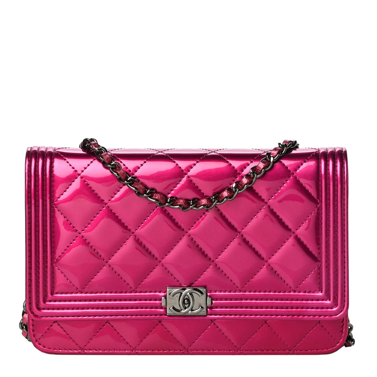 Metallic Patent Calfskin Quilted Boy Wallet On Chain WOC Fuchsia