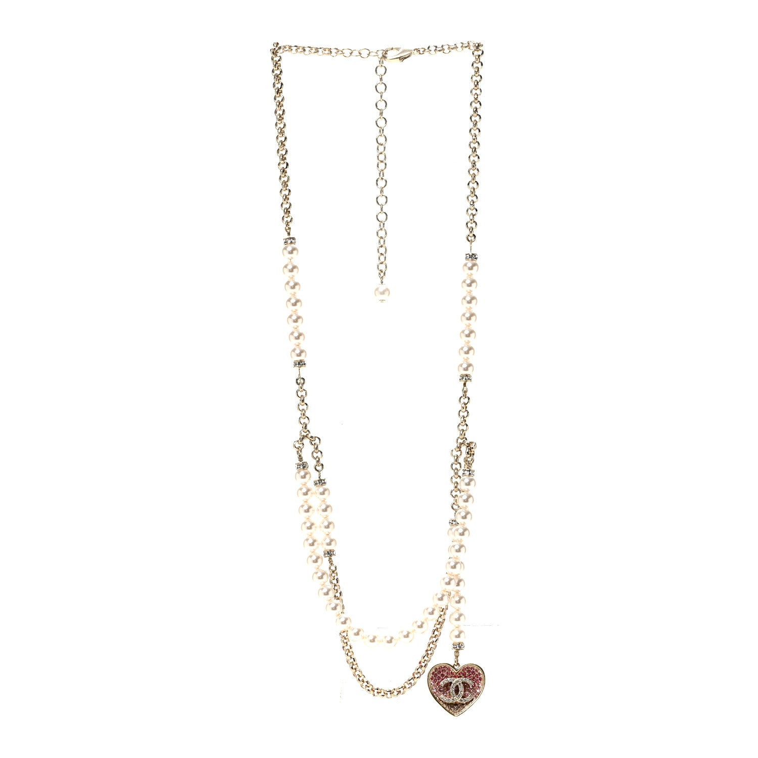 Chanel Pearl Crystal CC Heart Multi Strand Necklace Gold White Pink 3 of 6