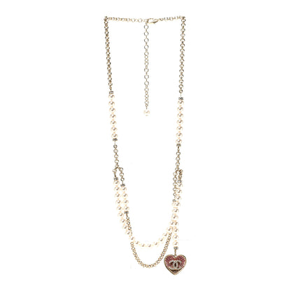 Chanel Pearl Crystal CC Heart Multi Strand Necklace Gold White Pink 3 of 6