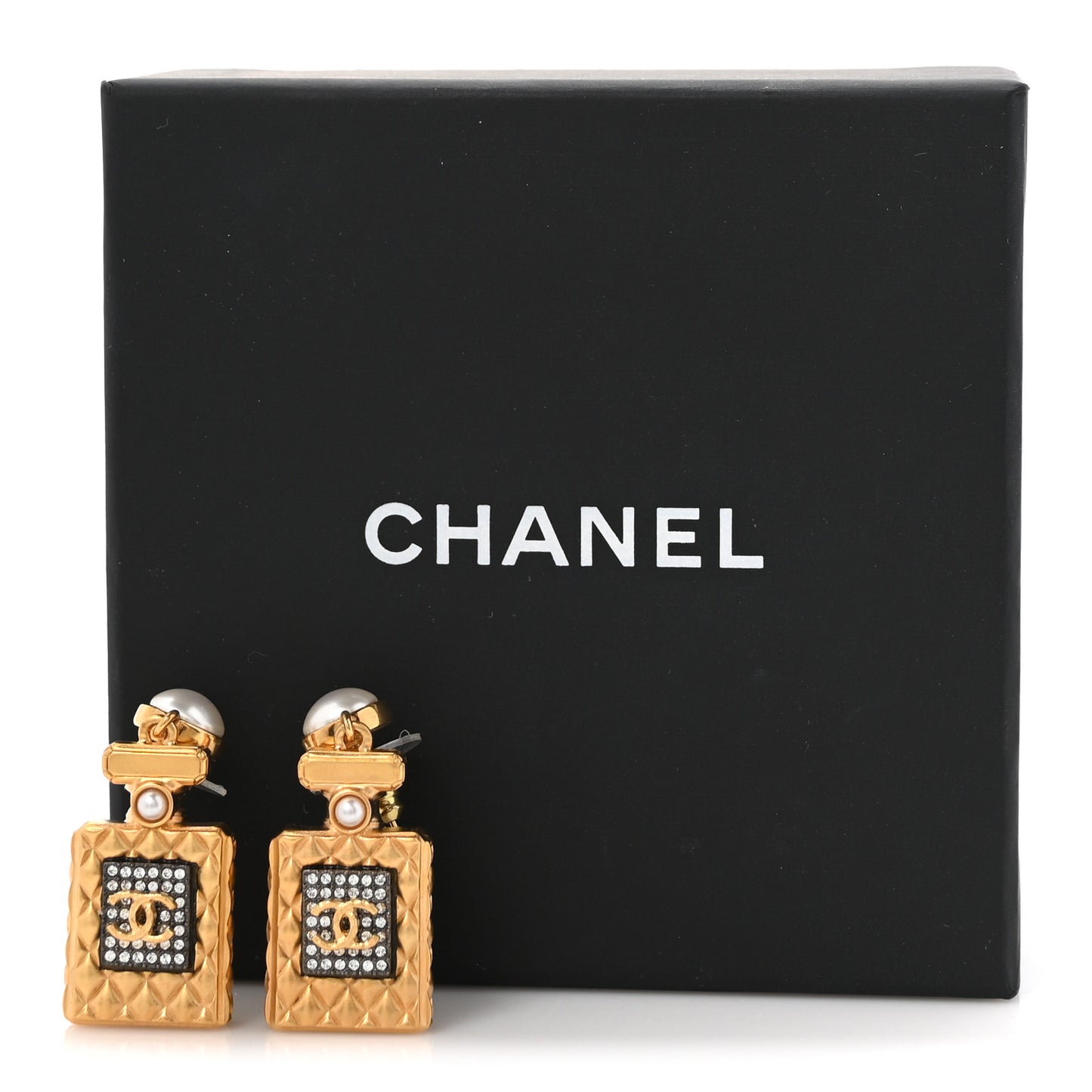 Crystal Pearl CC Perfume Bottle Drop Earrings Gold