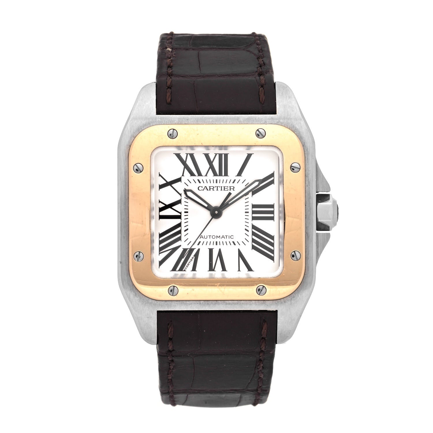 Cartier Stainless Steel 18K Pink Gold Alligator 33mm Santos 100 Automatic Watch 1 of 4