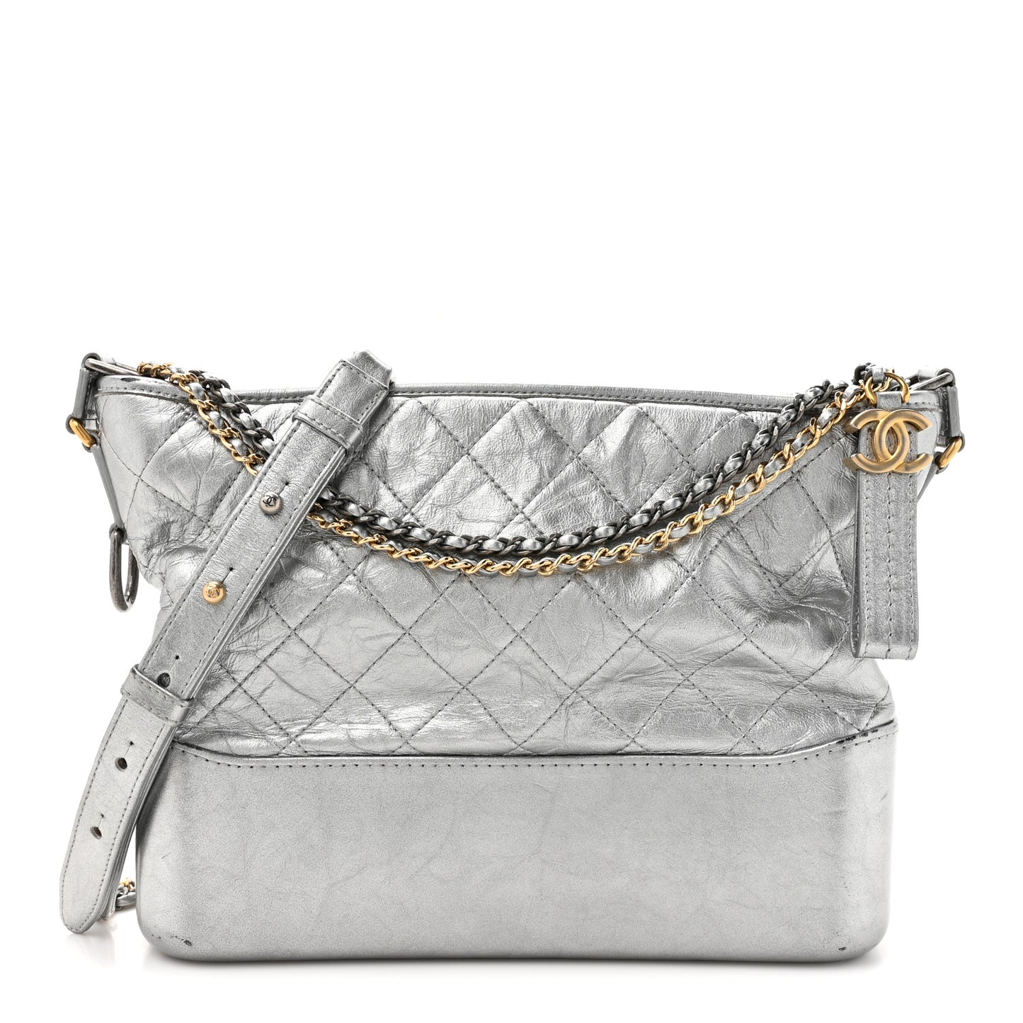 Metallic Aged Calfskin Quilted Medium Gabrielle Hobo Silver