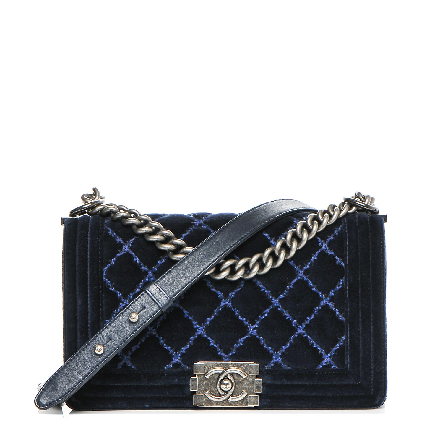 Velvet Quilted Medium Boy Flap Dark Navy Blue