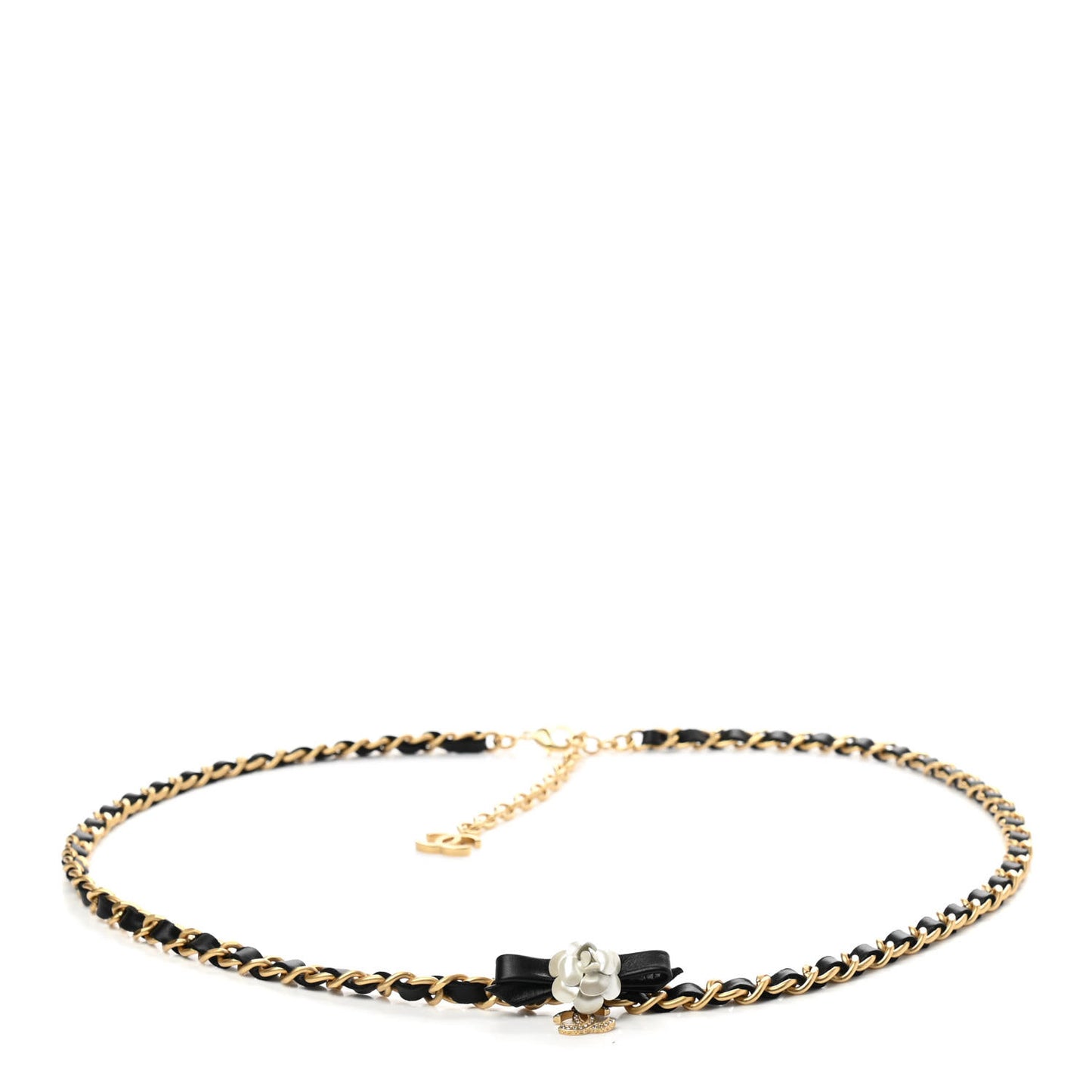 Calfskin Crystal Chain Camellia Belt 90 Black Gold